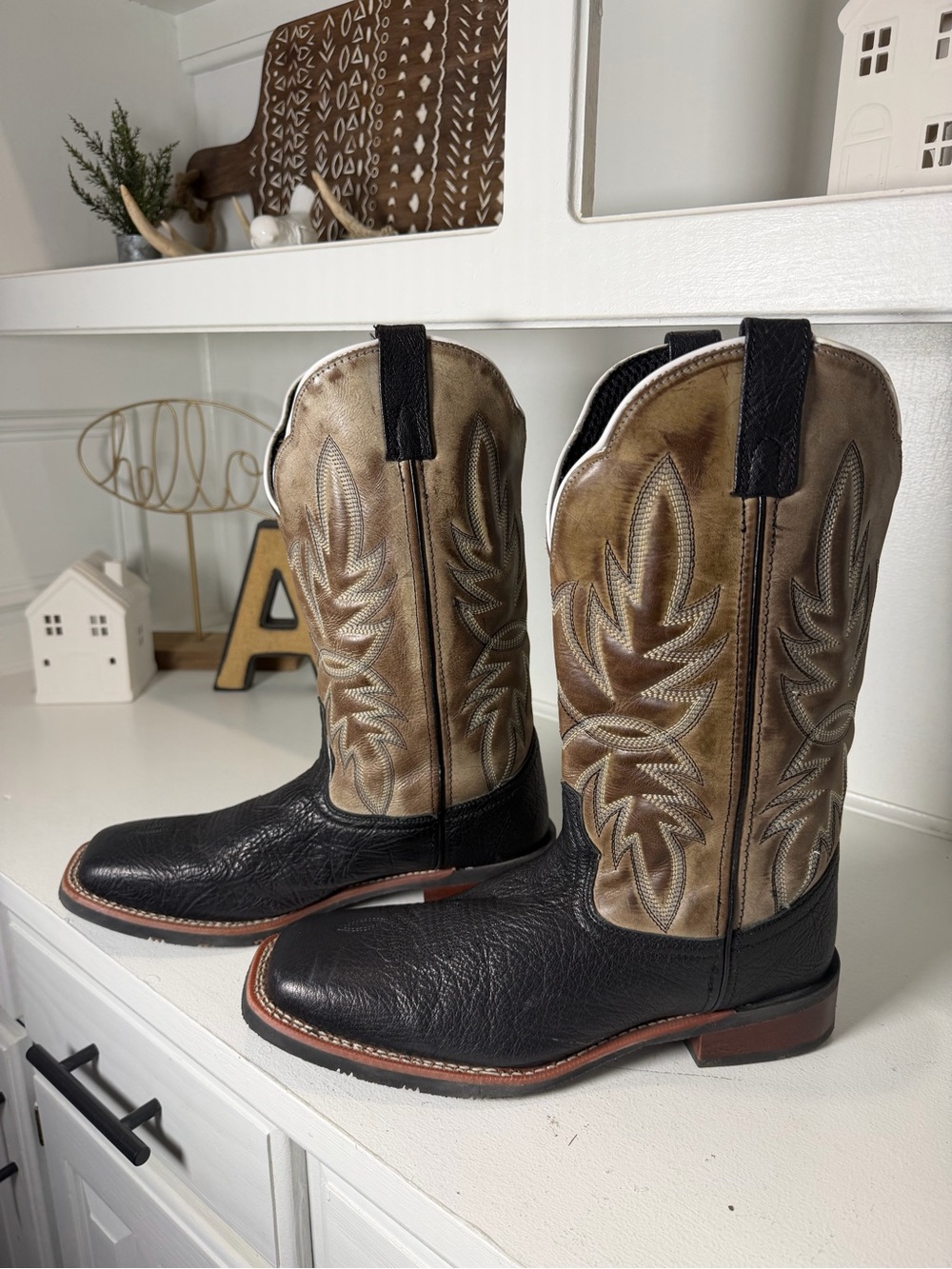 Laredo Mens 11D Black Leather Cowboy Boots Square Toe Western Ranch Brown